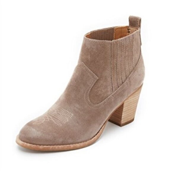 NEW Dolce Vita Taupe Suede Western Toe Stitched Chelsea Ankle Stack Heel Bootie - Picture 1 of 14